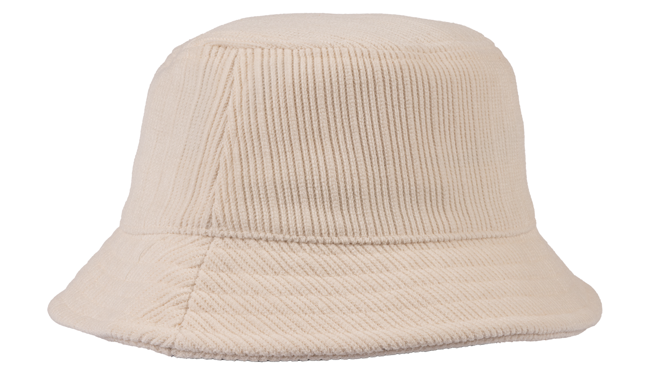 Cream corduroy bucket hat with a soft texture, perfect for stylish sun protection for infants and toddlers.