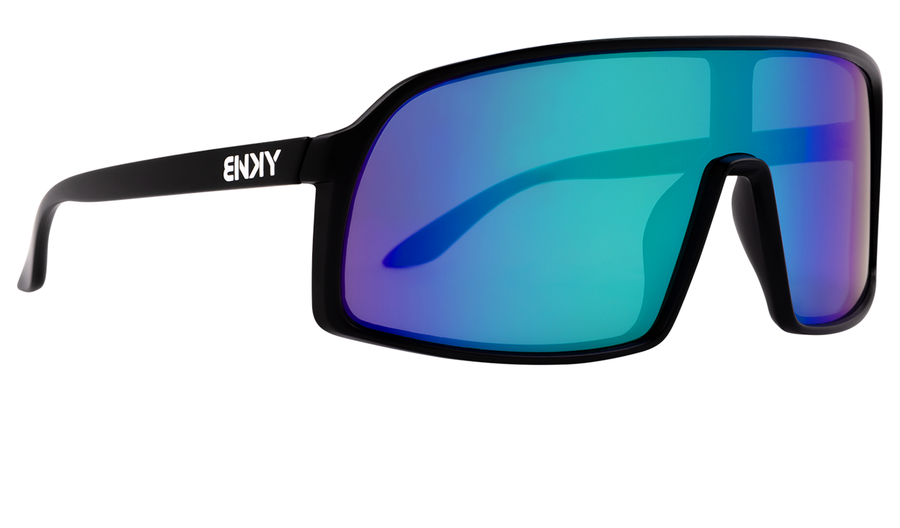 Stylish black junior sunglasses with large blue mirrored lenses, perfect for kids who love outdoor adventures.