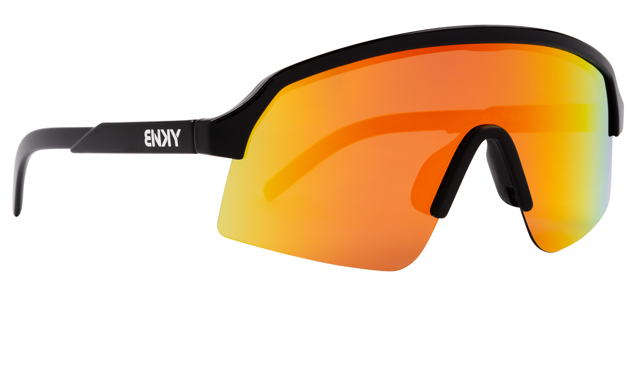Stylish Junior Baja sunglasses with a sleek black frame and vibrant orange lenses, perfect for active youth.
