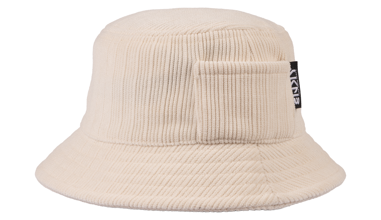 Cream cord BNKY bucket hat featuring a textured design and a side pocket, perfect for stylish sun protection for kids.