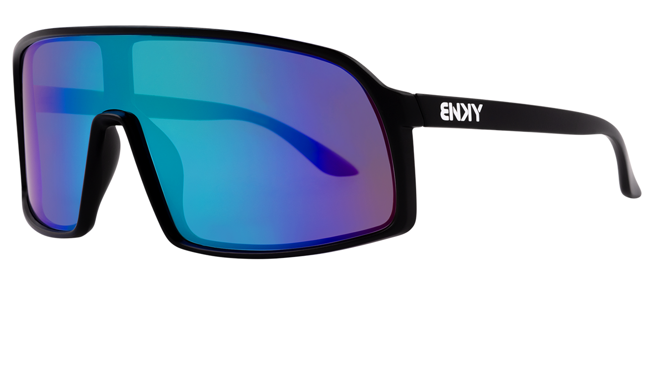 Stylish black sunglasses with large blue mirrored lenses, designed for kids, perfect for outdoor adventures.