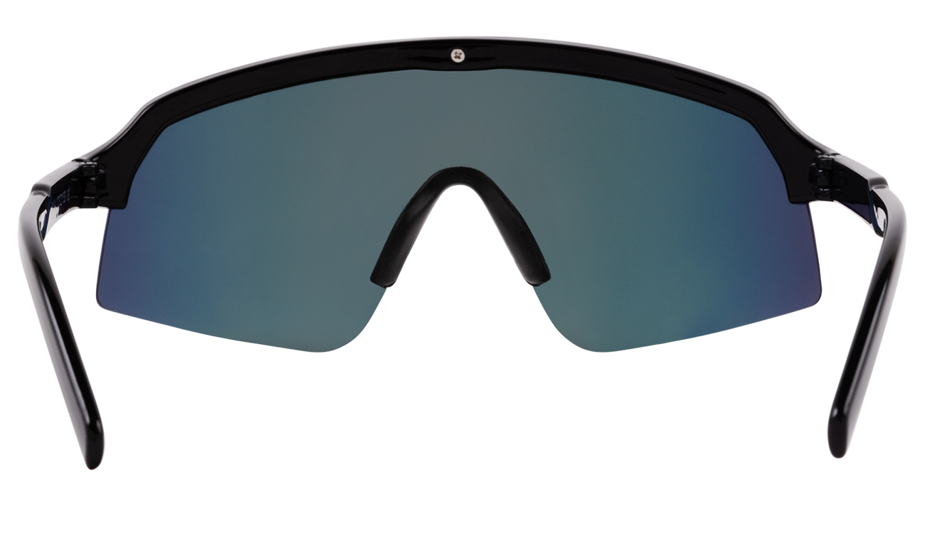Sleek black sunglasses with a large mirrored lens and curved design, perfect for stylish outdoor adventures.