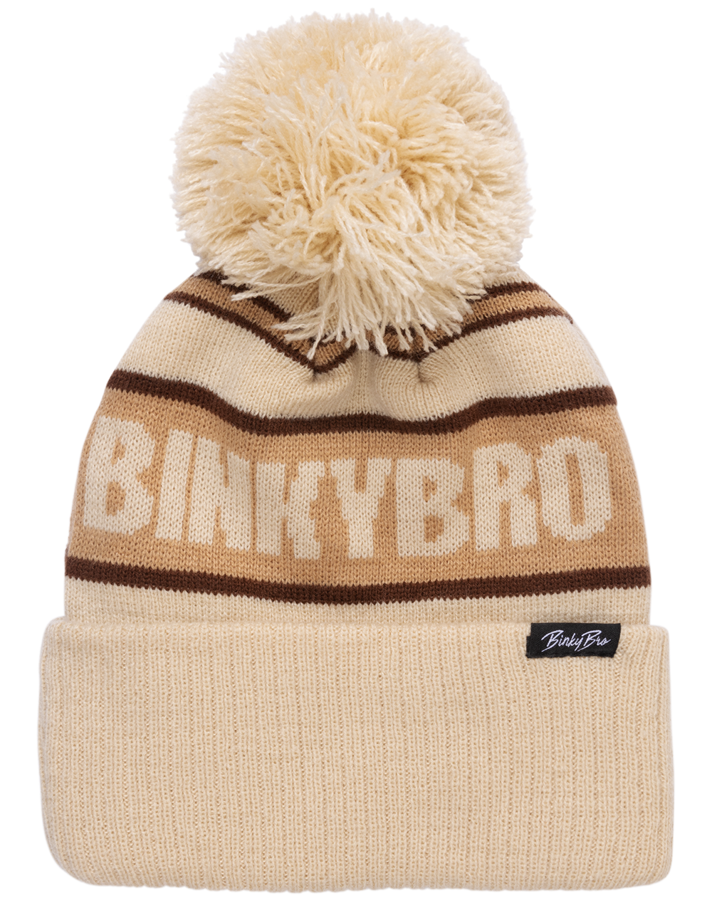 Cozy brown beanie with a fluffy pom-pom and BinkyBro logo, perfect for stylish infants and toddlers.