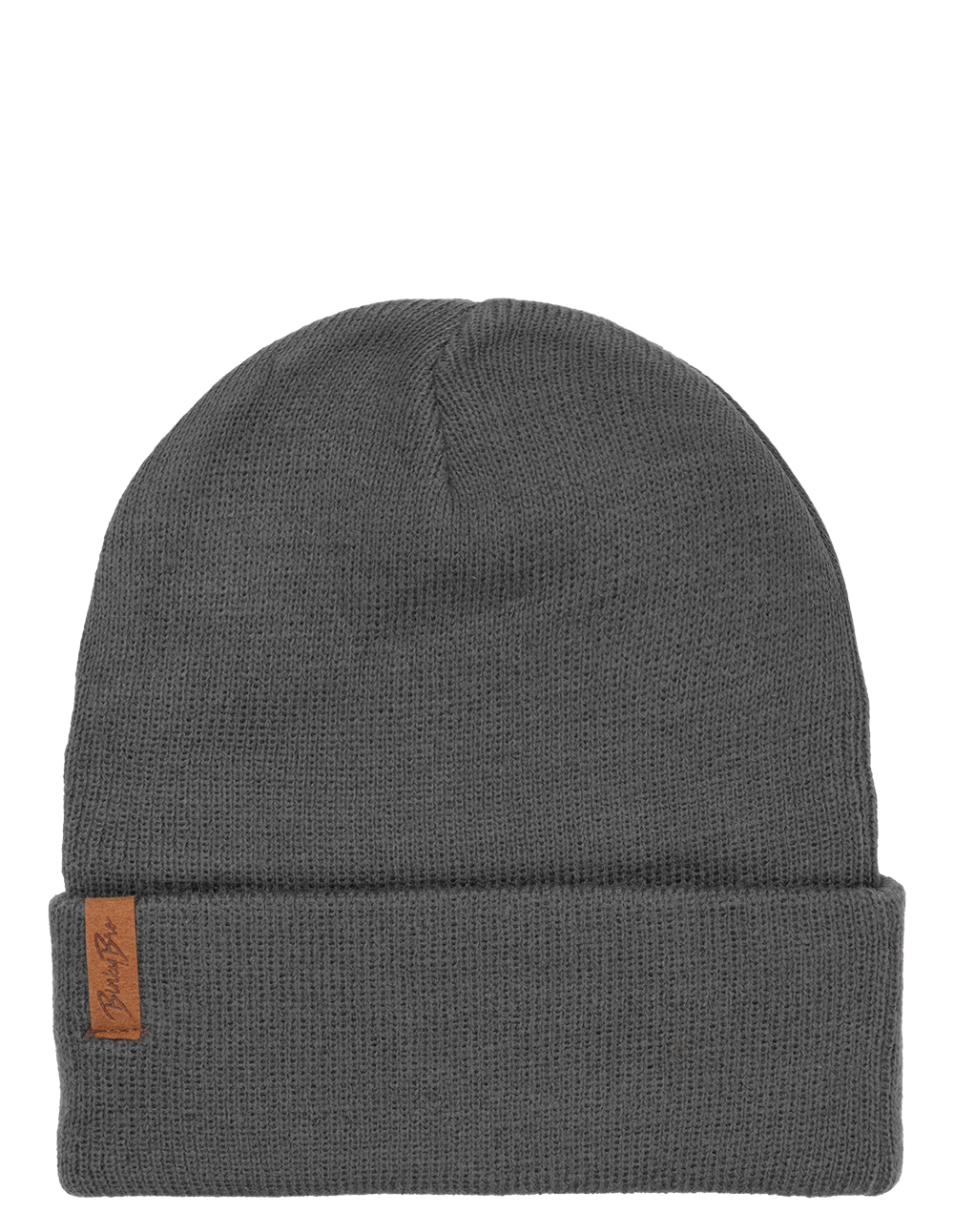 Stylish gray beanie with a folded cuff and a leather logo patch, perfect for kids' winter wear.