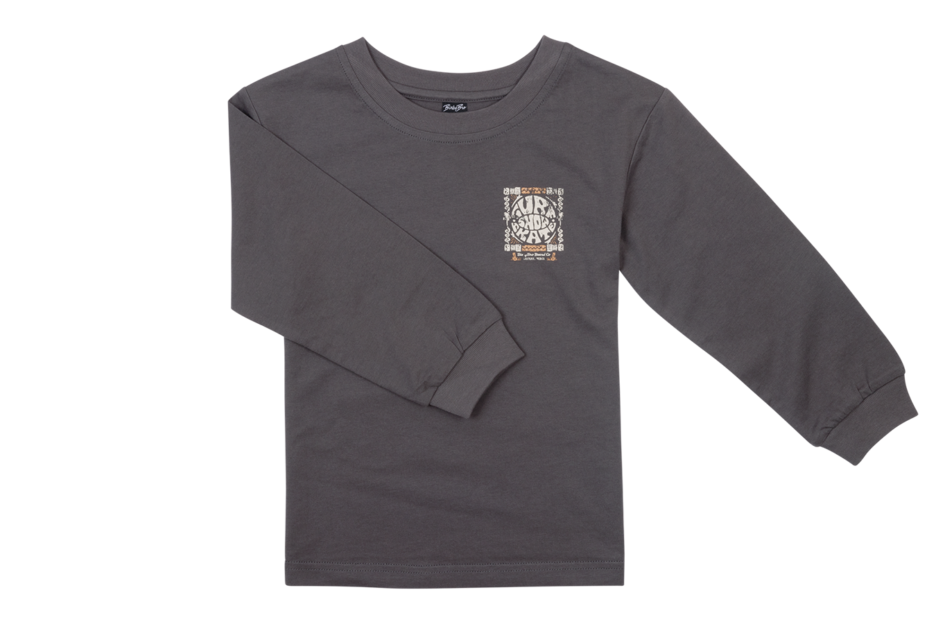Gray long-sleeve shirt featuring a colorful graphic design on the chest, perfect for stylish kids.