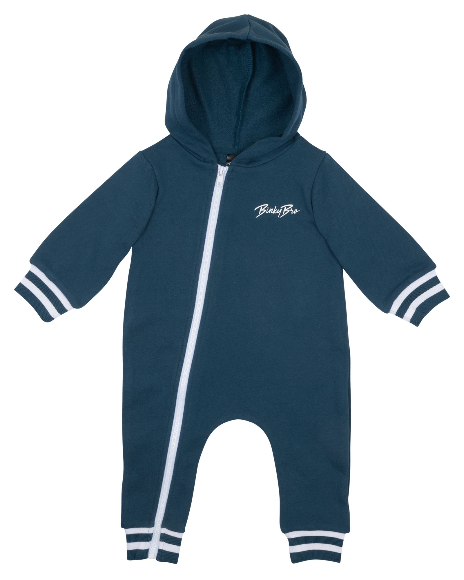 Navy zip-up onesie with a hood and white striped cuffs, featuring the BinkyBro logo for infants and toddlers.