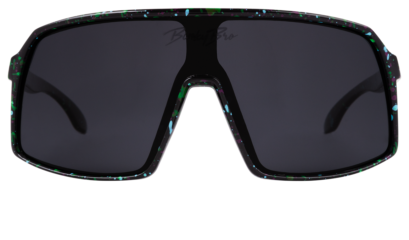 Sleek Monteverde sunglasses in Dynamite Black with a bold, colorful speckled frame and dark lenses for stylish sun protection.