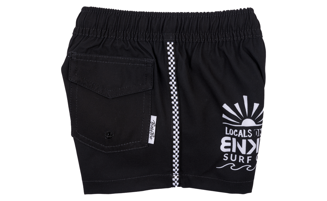 Black swim shorts featuring a graphic design with a sun and "Locals to Enjoy Surf" text, ideal for kids' beachwear.