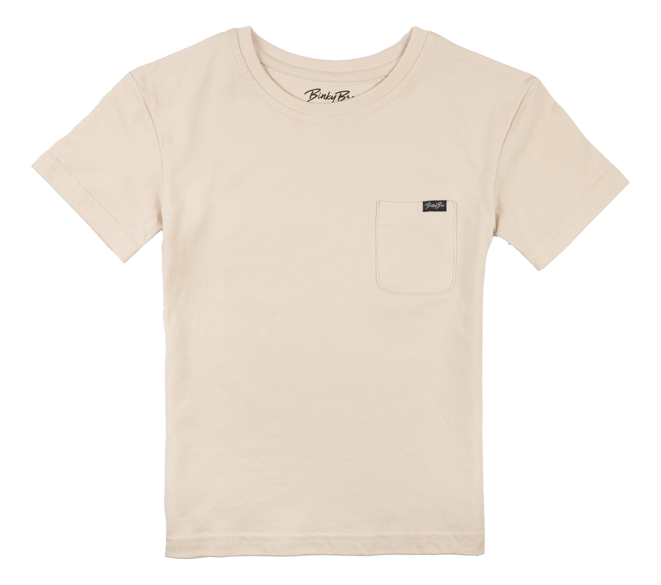 Beige Classic t-shirt featuring a pocket and BinkyBro logo, designed for infants and toddlers with a stylish, minimalist look.