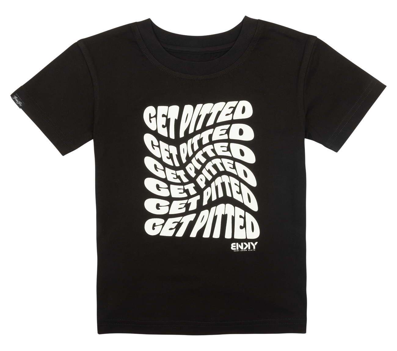 Black t-shirt featuring a bold, wavy white graphic that reads "Get Pitted" multiple times, designed for a stylish, youthful look.
