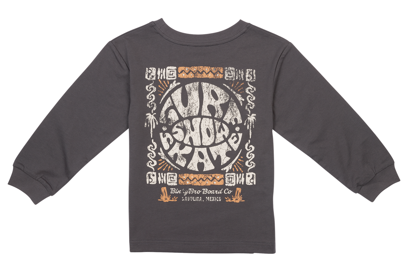 Stylish long-sleeve shirt featuring a vibrant surf-themed graphic, perfect for kids who love beach culture.