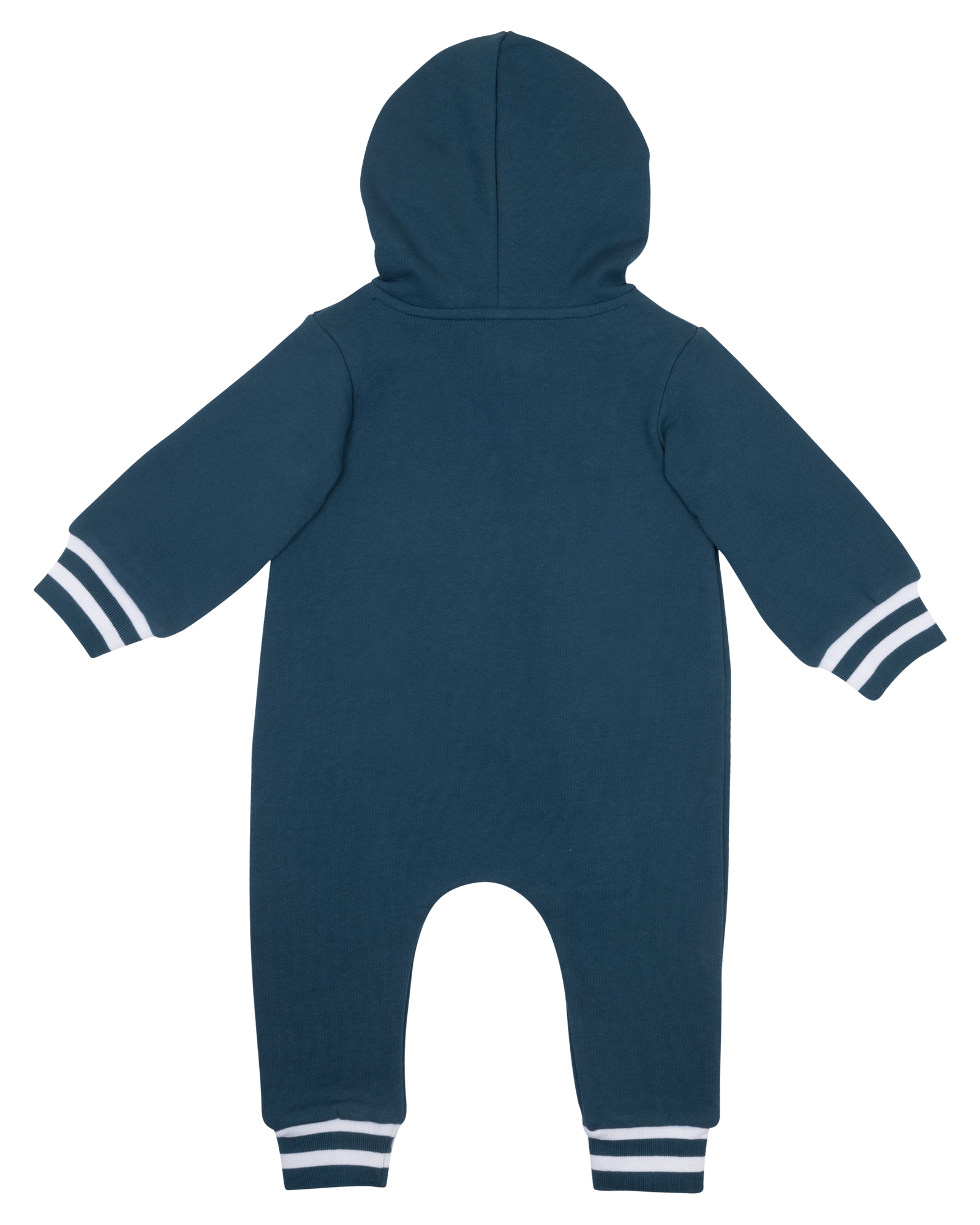 Navy hooded jumpsuit for infants with striped cuffs, perfect for stylish comfort in any season. Ideal for little adventurers.