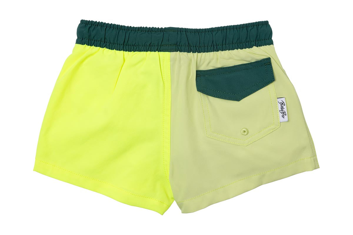 Bright yellow and light green swim shorts with an elastic waistband and a back pocket, designed for active kids.