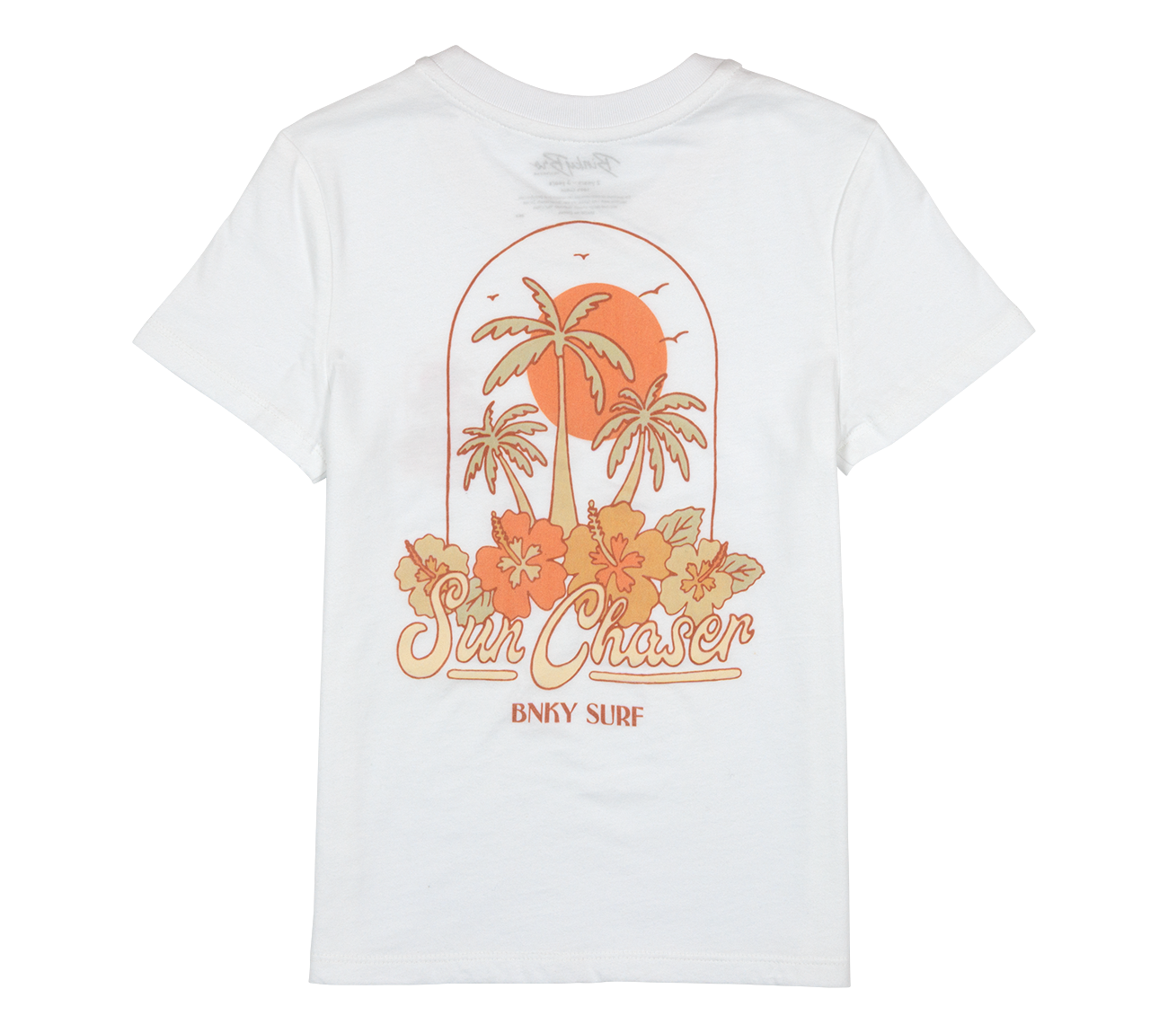 White t-shirt featuring a vibrant sunset graphic with palm trees and flowers, labeled "Sun Chaser" for kids.