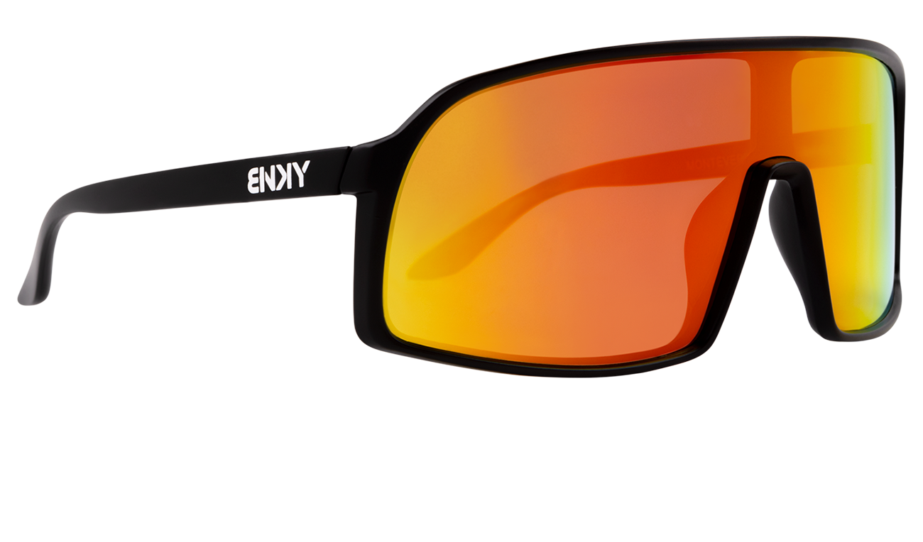 Stylish Junior Monteverde sunglasses with a black frame and vibrant orange mirrored lenses, perfect for kids.