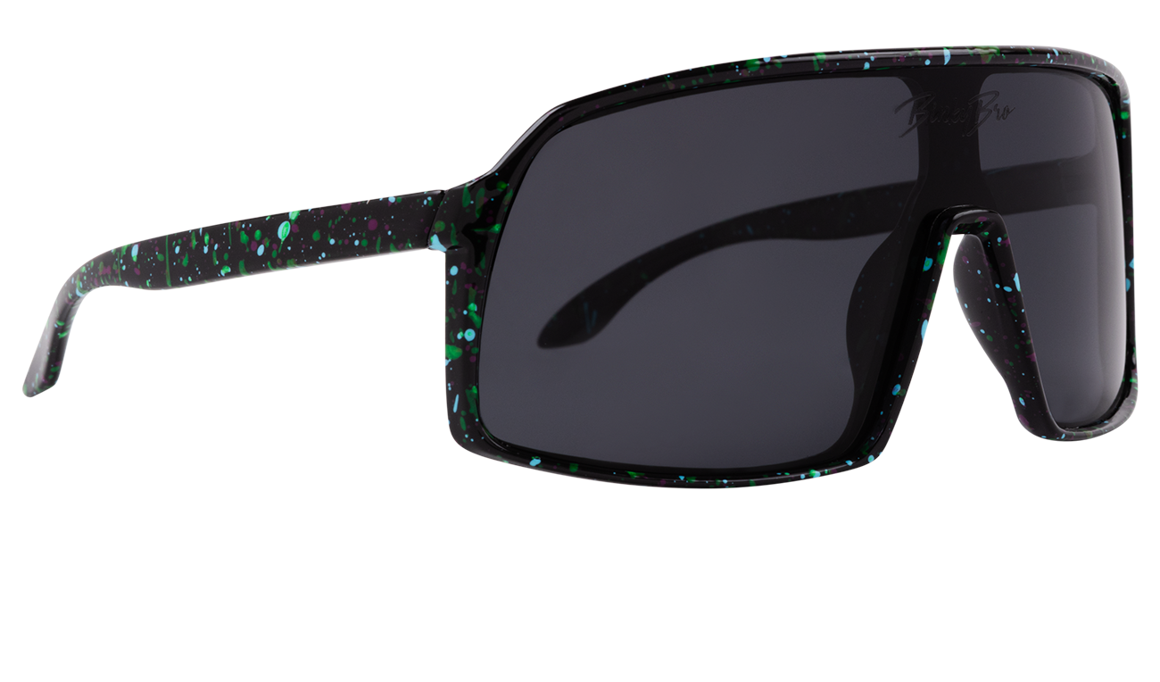 Stylish Monteverde sunglasses in Dynamite Black with a speckled design and dark lenses, perfect for outdoor adventures.