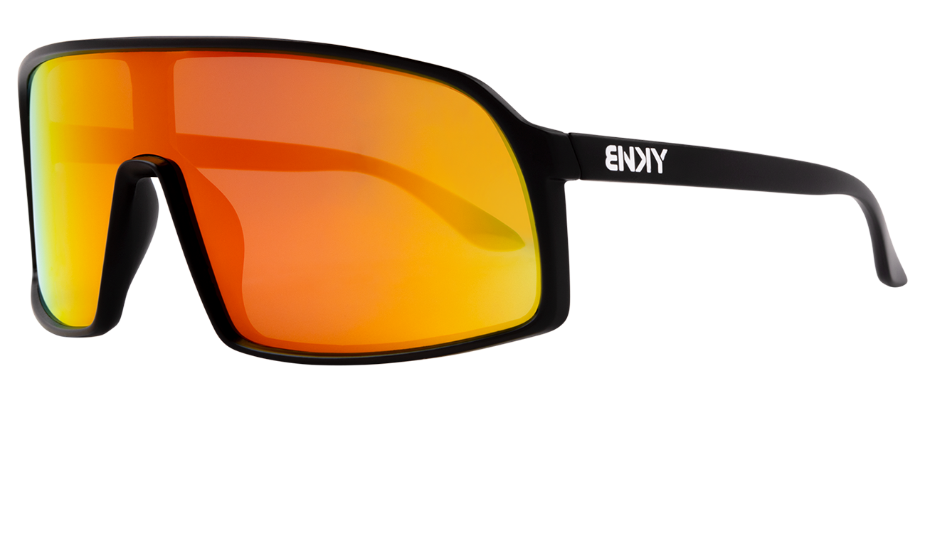 Stylish black sunglasses with orange mirrored lenses, perfect for kids who love outdoor adventures and trendy accessories.