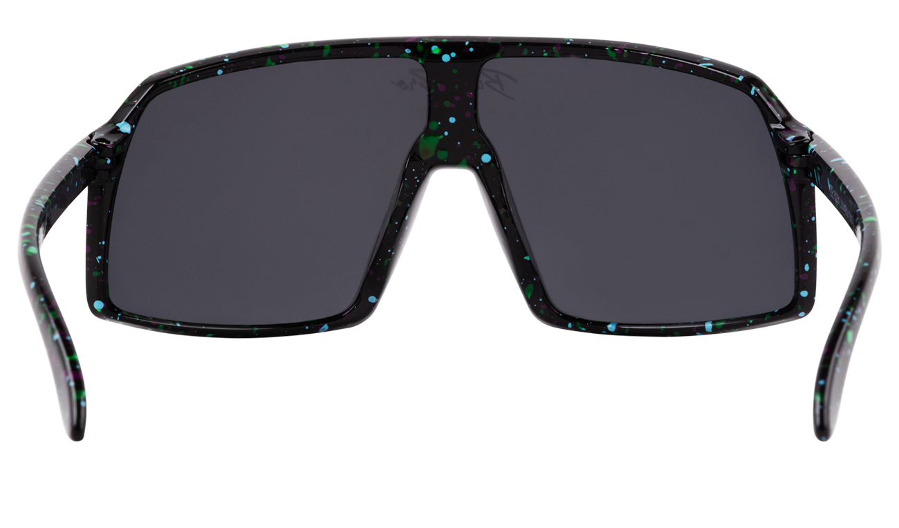 Stylish Monteverde sunglasses in Dynamite Black with a bold speckled design and dark lenses, perfect for trendy youth.