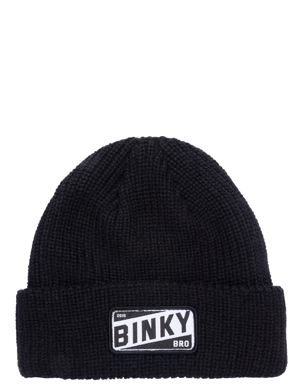 Stylish black beanie with a folded cuff featuring a white BinkyBro logo patch, perfect for kids and toddlers.