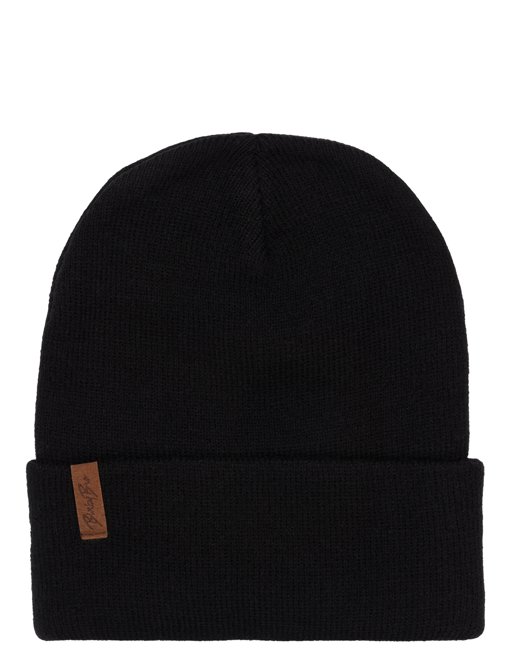 Stylish black beanie with a folded cuff and a leather logo patch, perfect for infants and toddlers.