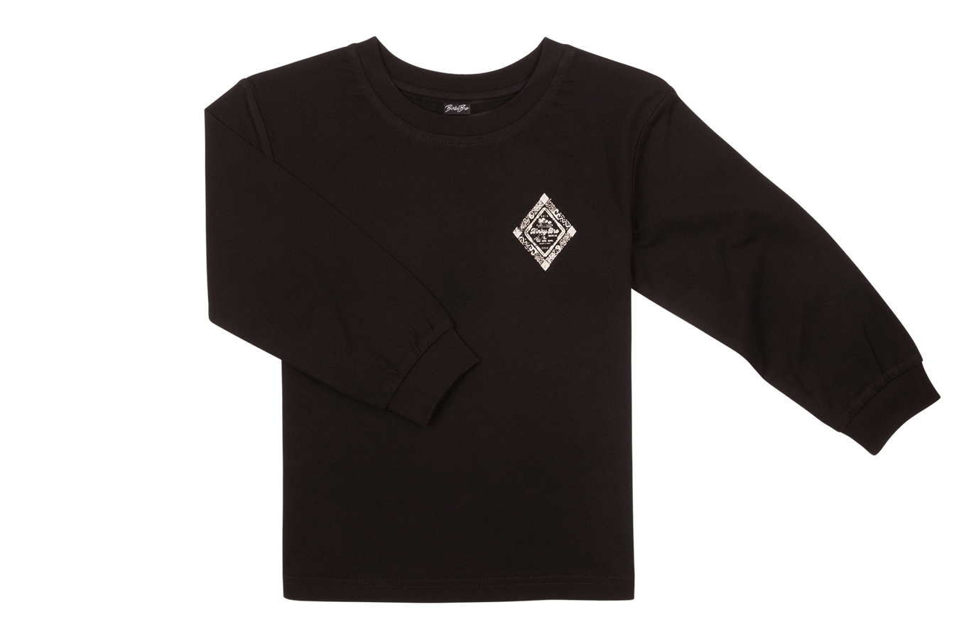 Long-sleeve black shirt featuring a diamond graphic on the chest, designed for infants and toddlers.