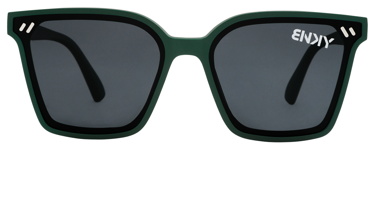 Stylish green square sunglasses with dark lenses, featuring the brand name "ENDY" on the upper right lens.