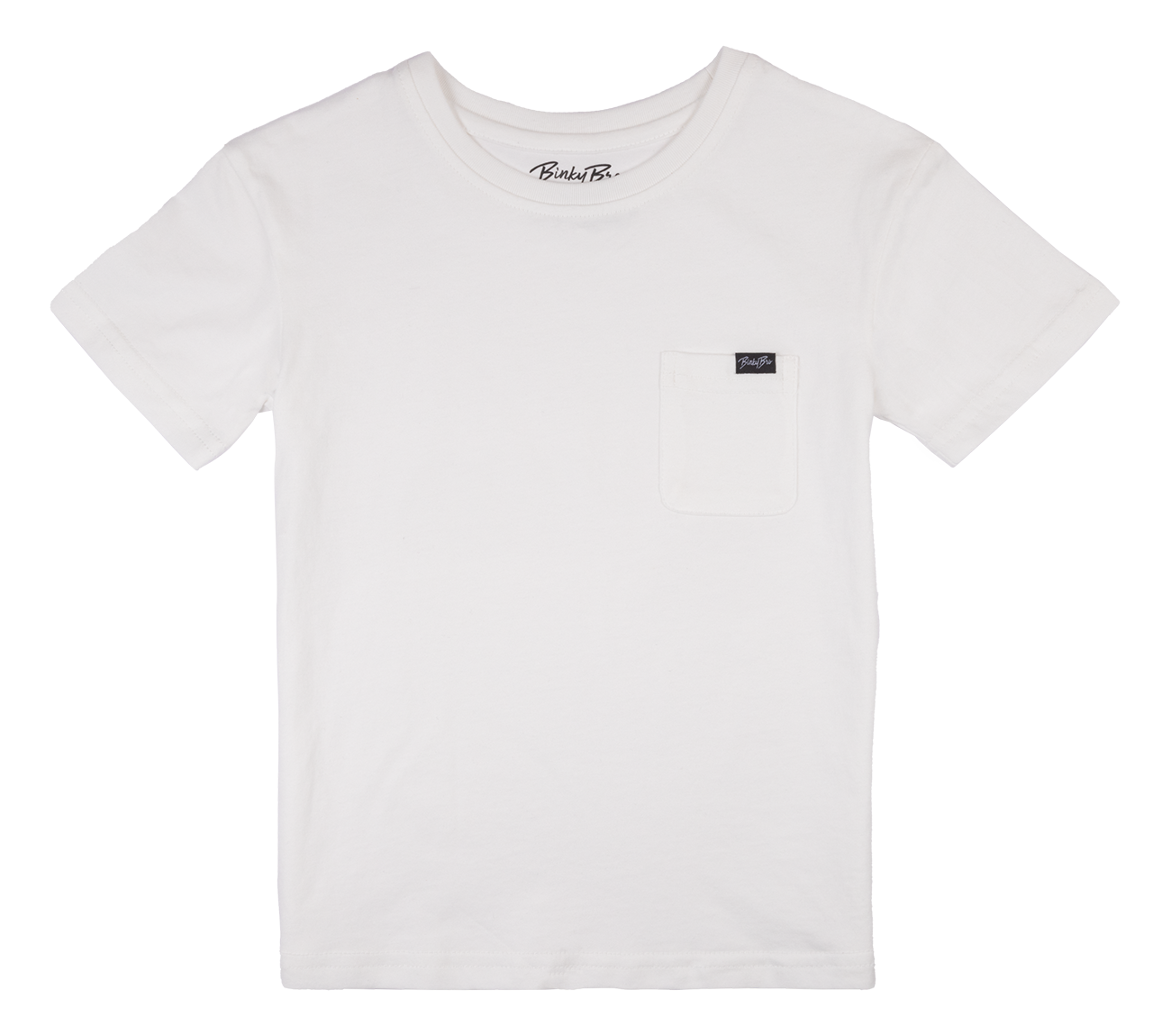 Classic white cream t-shirt featuring a small pocket and BinkyBro logo, perfect for stylish kids.