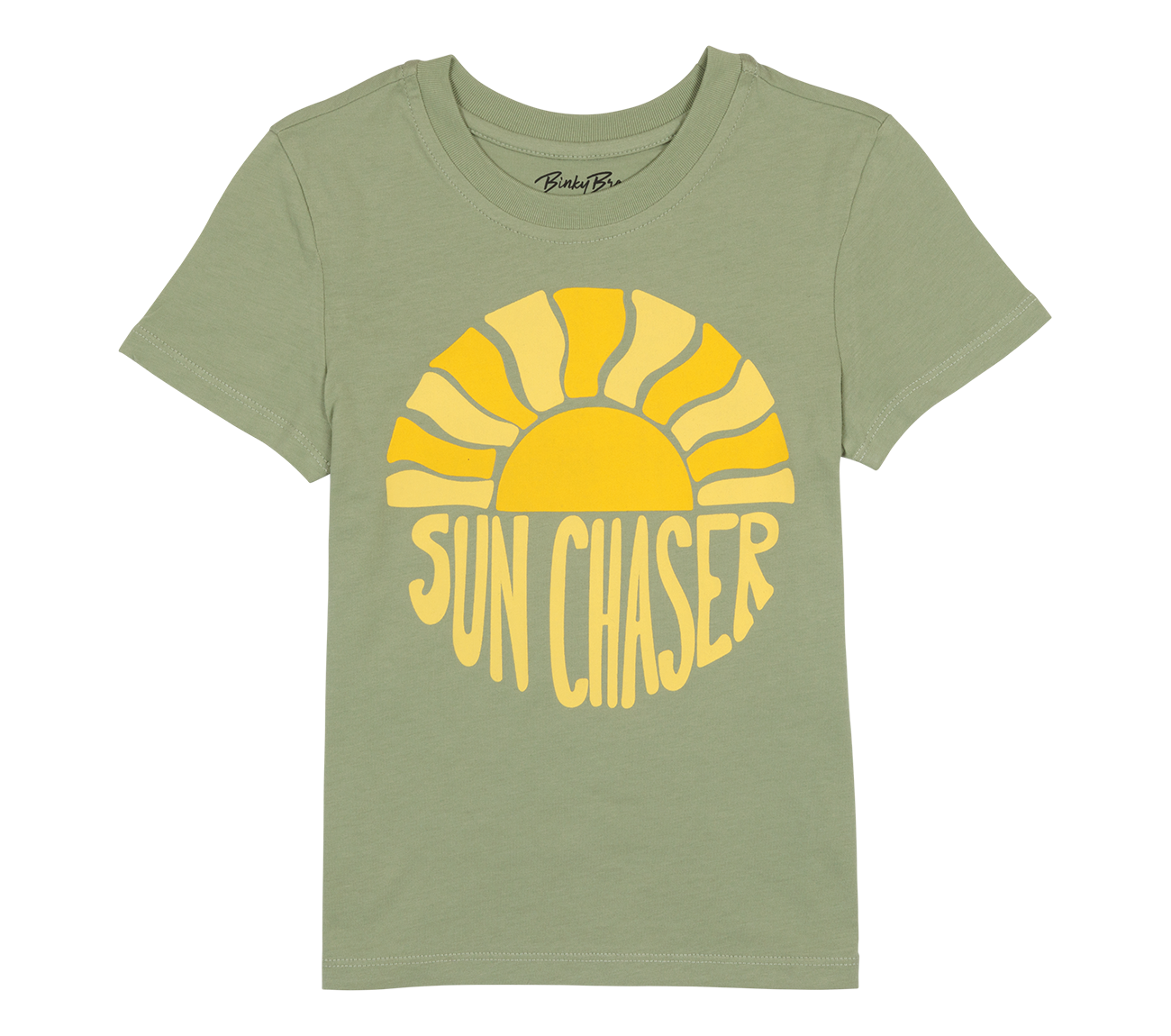 Light green t-shirt featuring a yellow sun graphic and the text "SUN CHASER" in a playful font, perfect for kids.