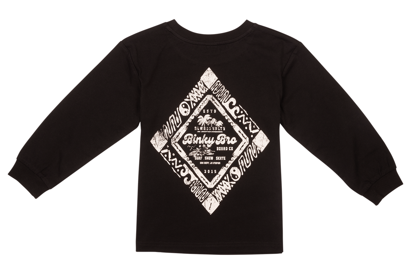 Black long-sleeve shirt featuring a diamond-shaped graphic with tribal patterns and the BinkyBro logo on the back.