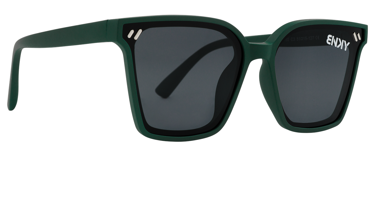 Stylish green sunglasses with a bold square frame and dark lenses, perfect for a trendy outdoor look.