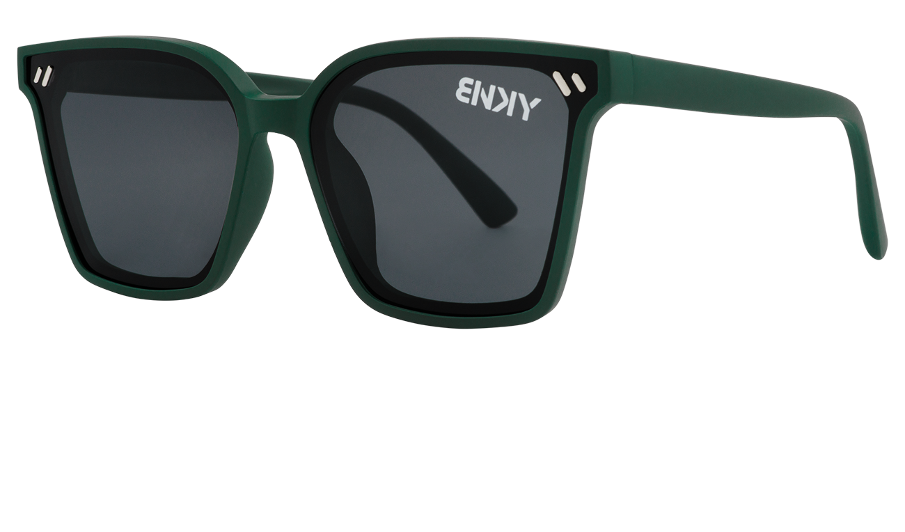 Stylish green square sunglasses with dark lenses, featuring a modern design and logo on the frame. Perfect for trendy looks.