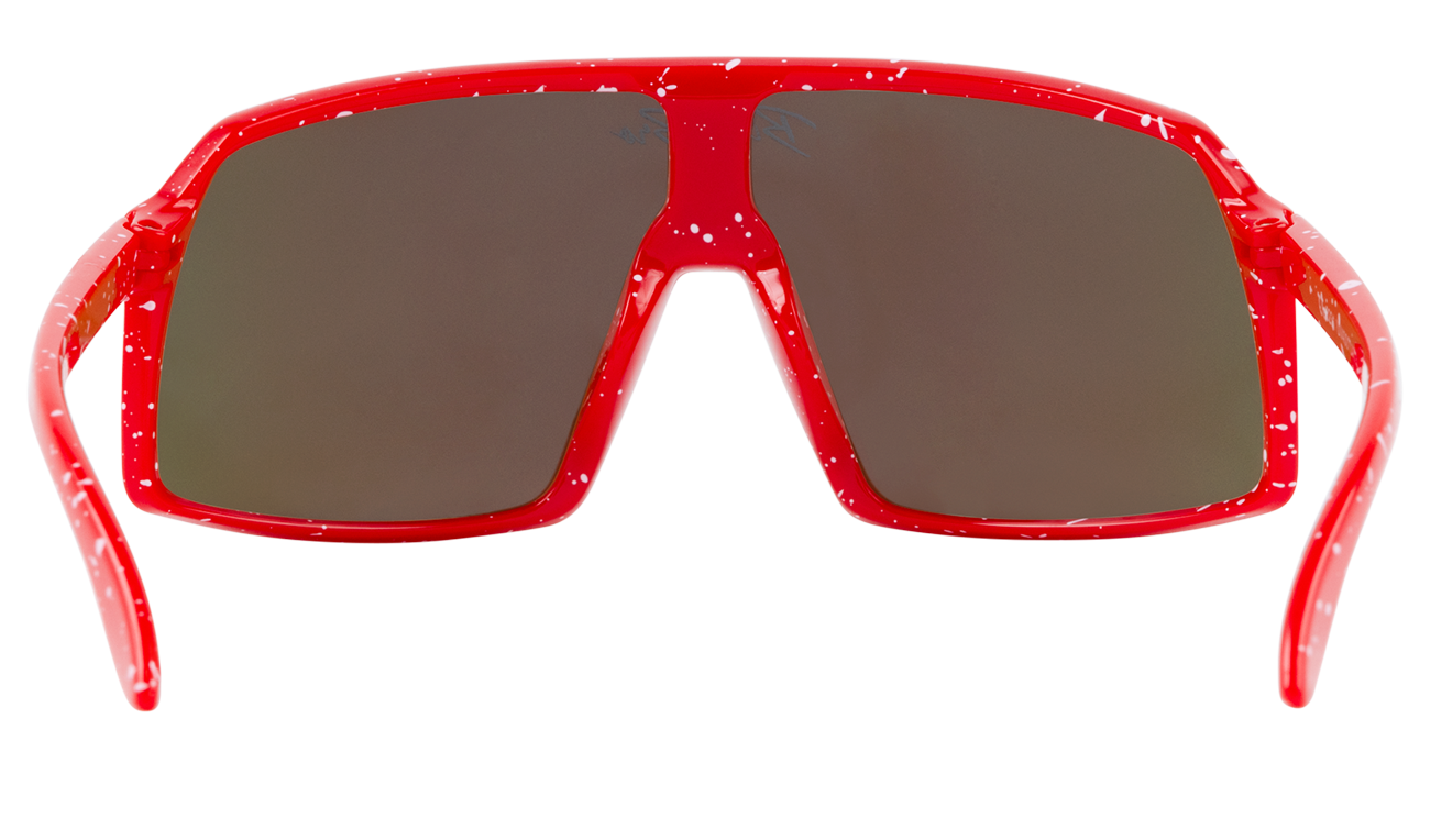 Bold red sunglasses with a speckled design and dark lenses, perfect for stylish outdoor adventures.