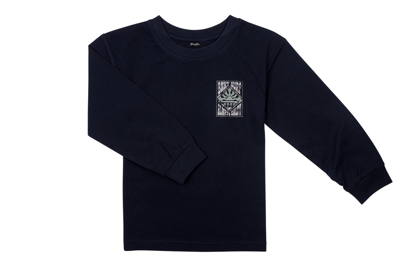 Navy long-sleeve shirt featuring a stylish graphic design, perfect for kids who embrace a surf-snow-skate lifestyle.