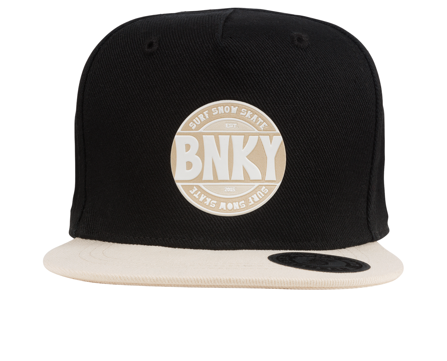 Black snapback hat with a cream-colored brim and a circular BNKY logo featuring "Surf Snow Skate" and "EST 2015.