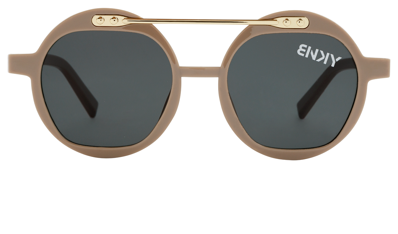 Stylish round sunglasses with a beige frame and dark lenses, featuring a gold accent on the bridge. Perfect for kids.