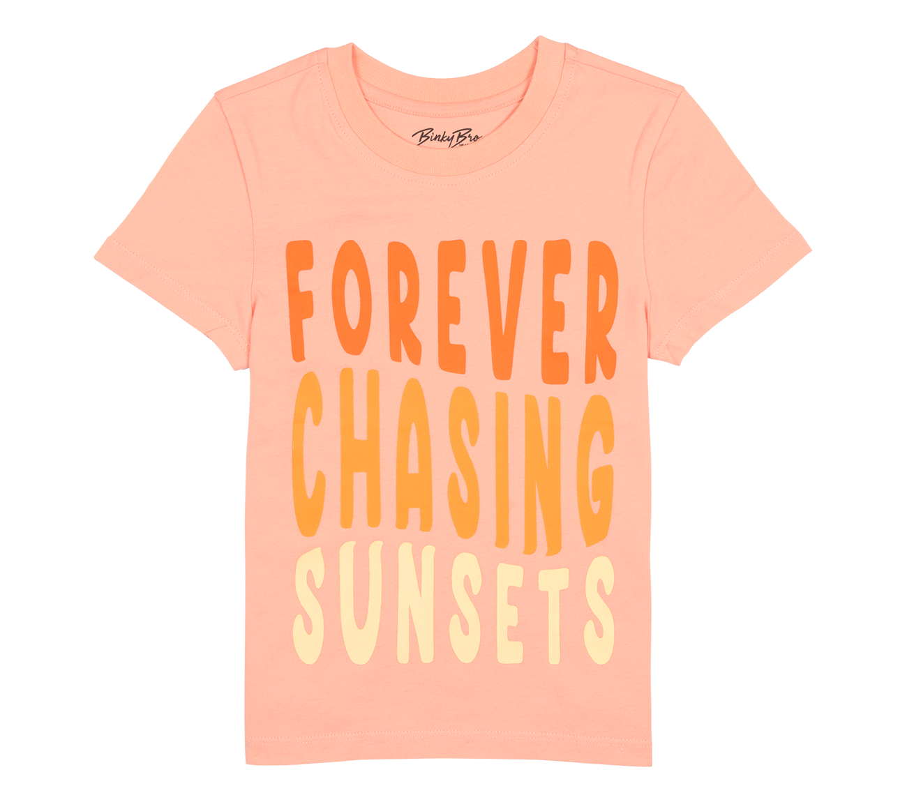 Peach-colored t-shirt featuring the phrase "Forever Chasing Sunsets" in bold, gradient lettering. Ideal for kids.