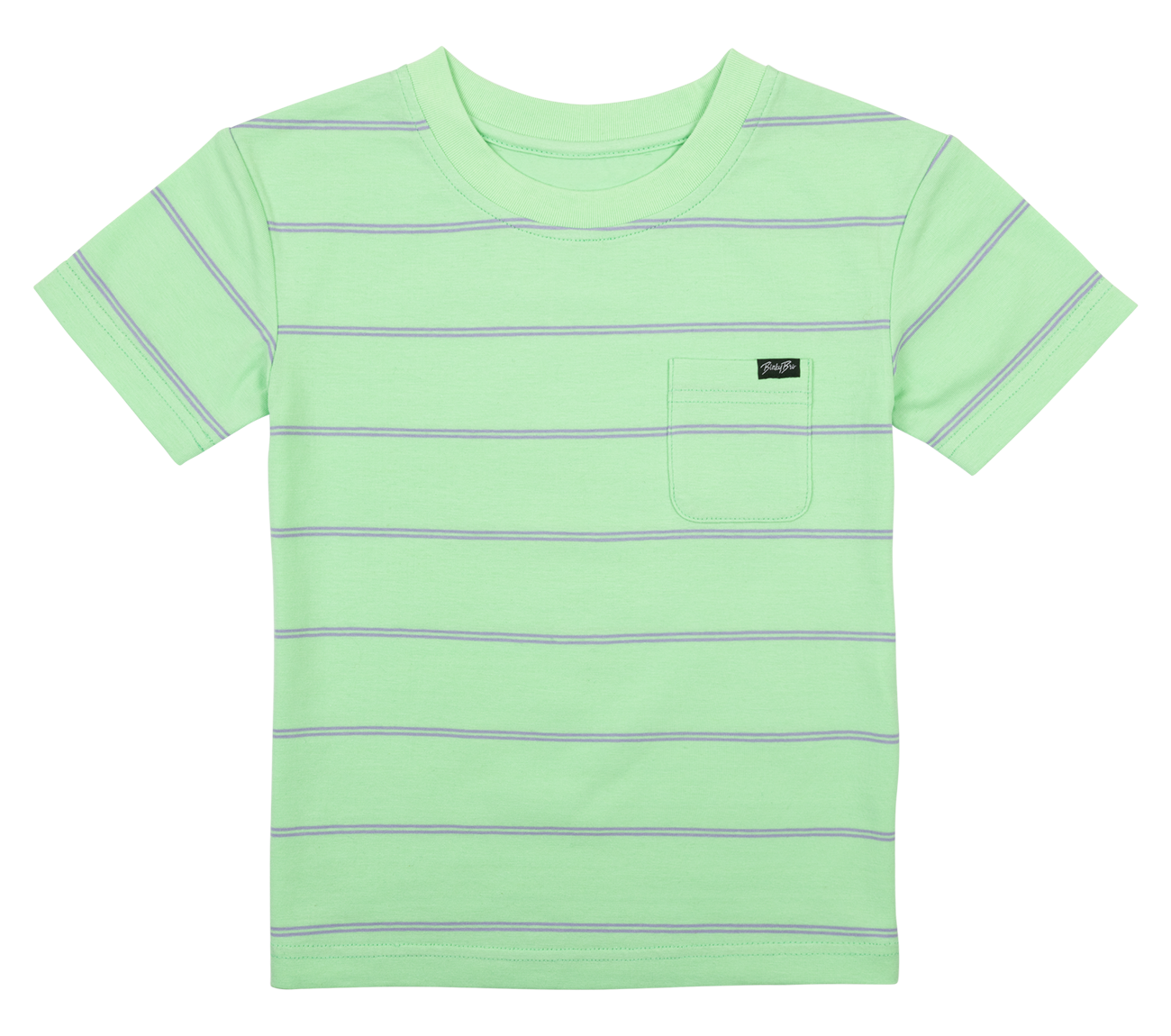 Light green short-sleeve t-shirt with purple stripes and a small chest pocket, perfect for kids' casual wear.