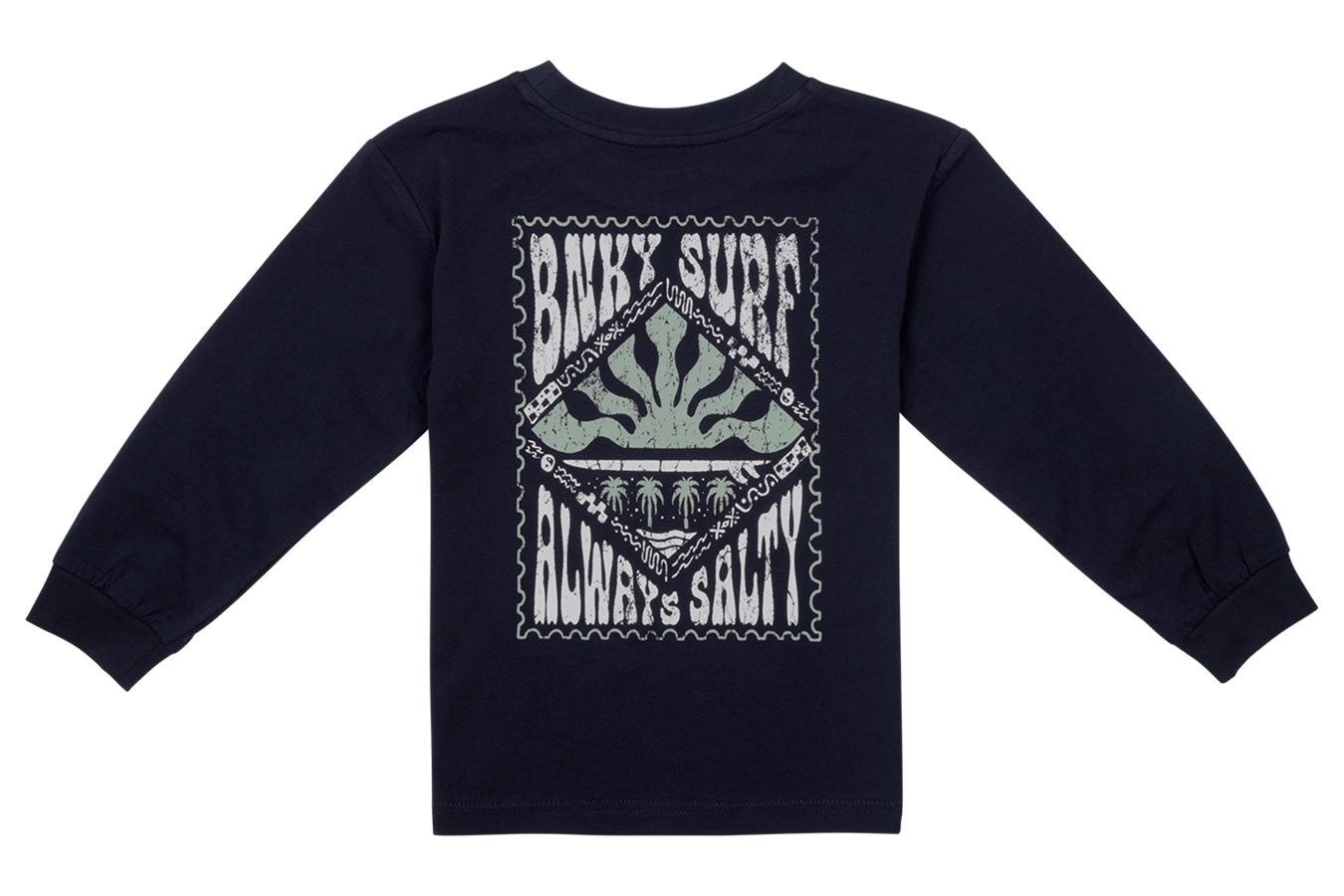 Navy long-sleeve shirt featuring a retro-inspired graphic with "Always Salty" and surf-themed designs for kids.