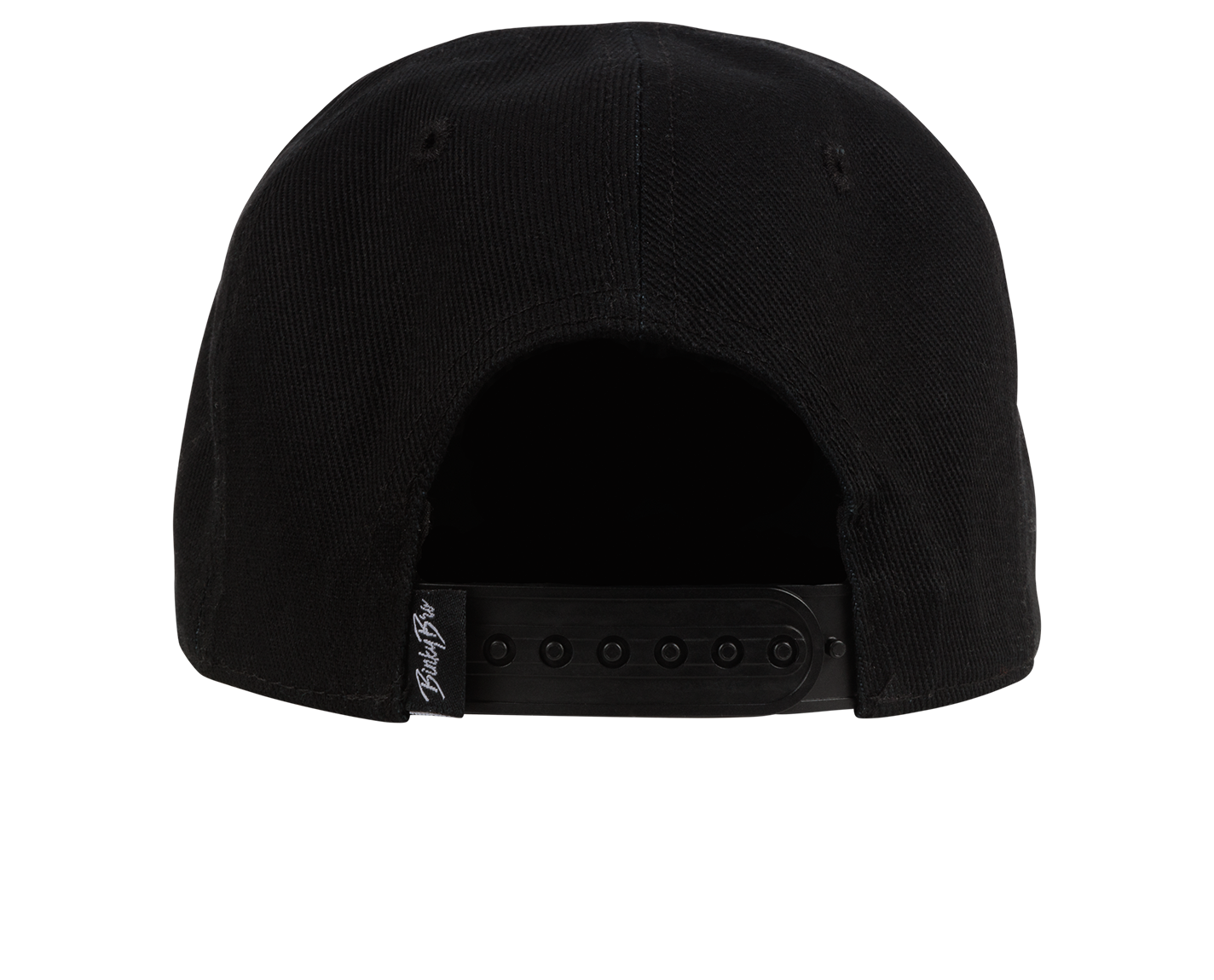 Black snapback hat with an adjustable strap at the back, featuring a subtle logo tag on the side.