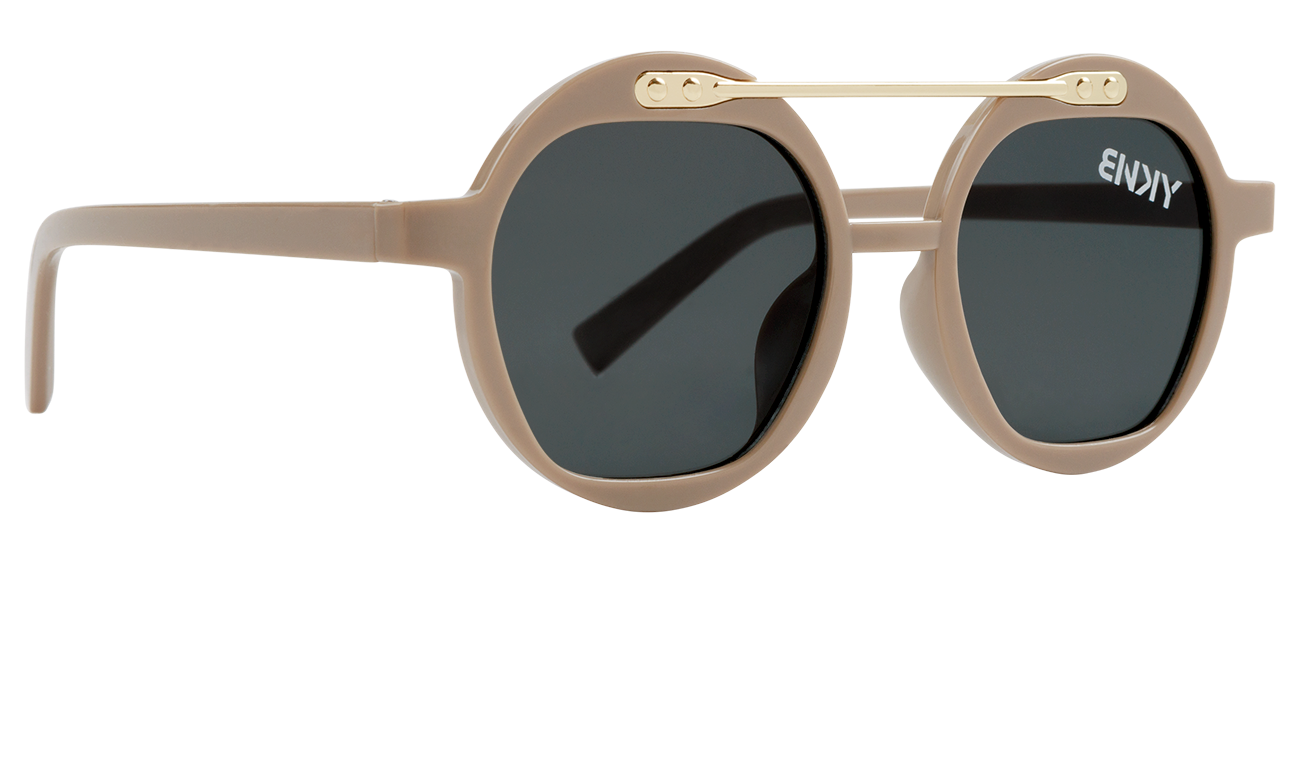 Stylish round sunglasses with a beige frame and dark lenses, featuring a gold accent on the bridge. Ideal for trendy kids.