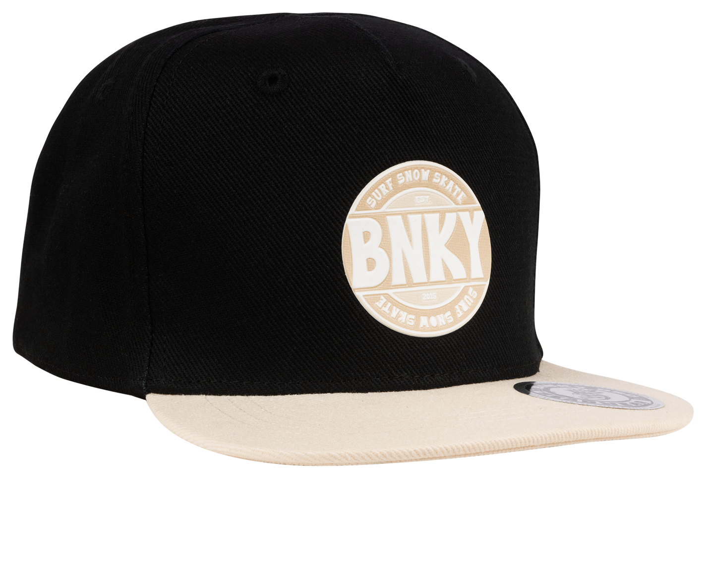 Stylish black snapback hat with a beige brim and BNKY logo, perfect for kids embracing a surf-snow-skate lifestyle.