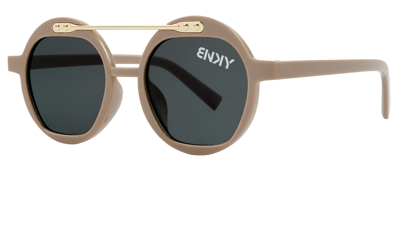 Stylish round sunglasses in beige with dark lenses, featuring a gold accent on the bridge, perfect for kids.