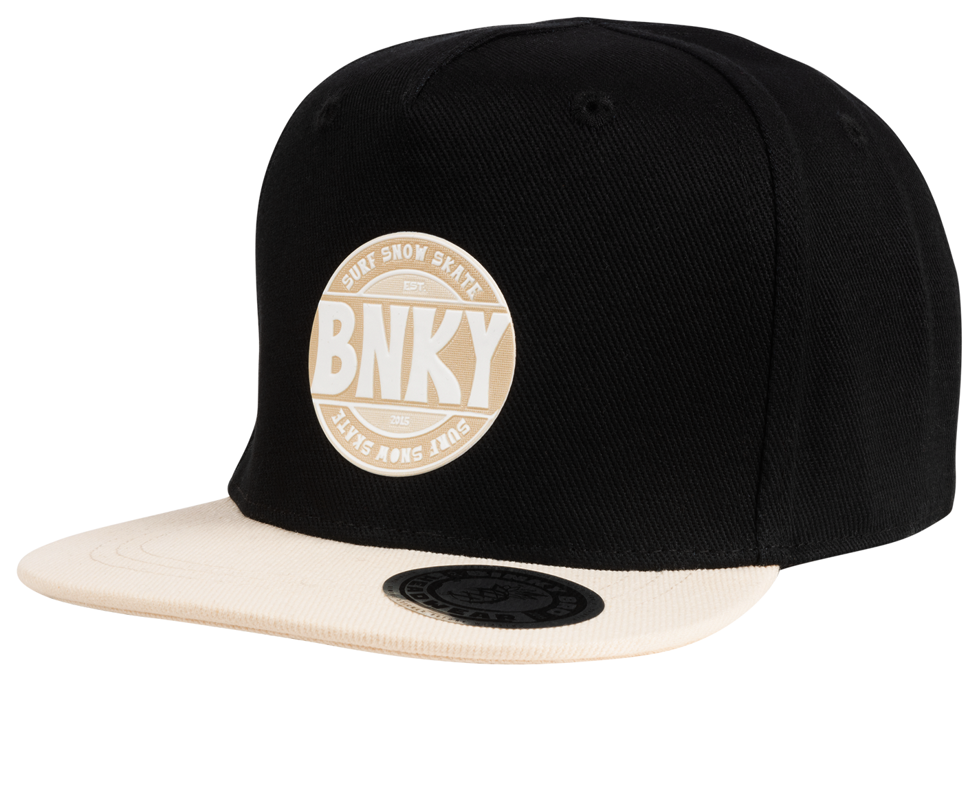 Stylish black snapback cap with a cream brim and BNKY logo, perfect for kids embracing a surf-snow-skate lifestyle.