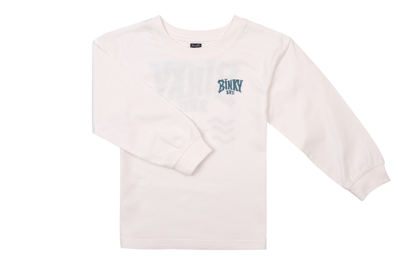Long-sleeve white shirt featuring a subtle BinkyBro logo, designed for infants and toddlers with a stylish, casual vibe.
