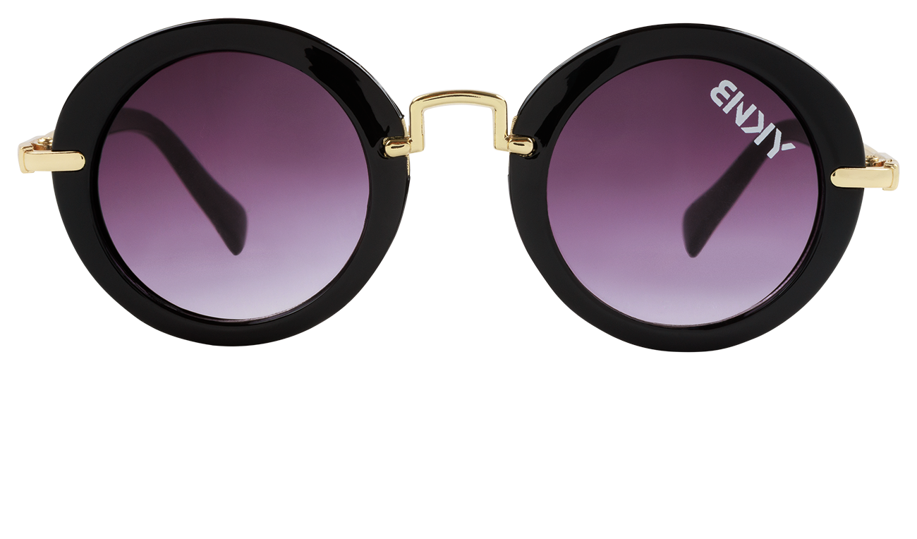 Stylish round sunglasses with a black frame and gradient purple lenses, featuring gold accents and a modern design.