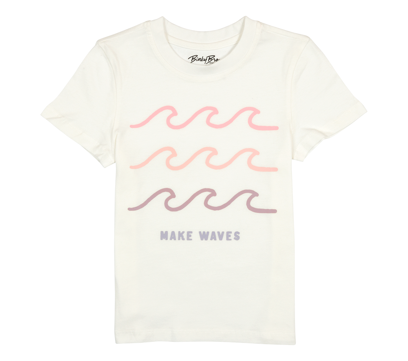 Light-colored t-shirt featuring wavy graphic designs in pink and purple with the text "MAKE WAVES," perfect for kids.