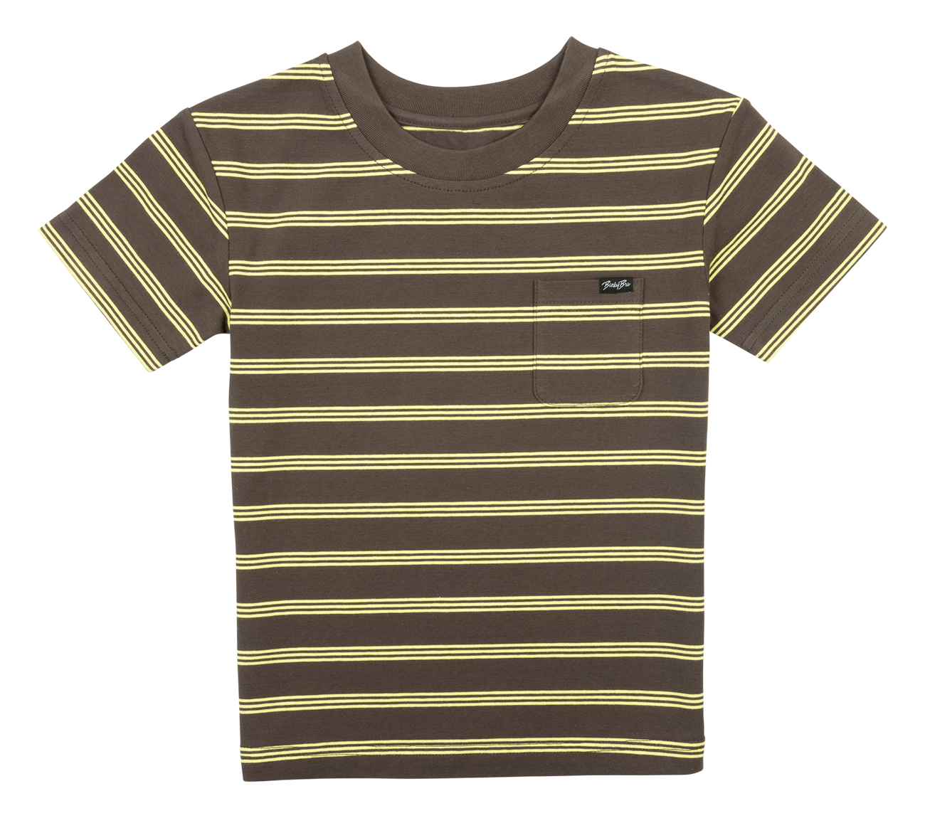 Brown striped t-shirt with yellow stripes and a chest pocket, designed for infants and toddlers by BinkyBro.