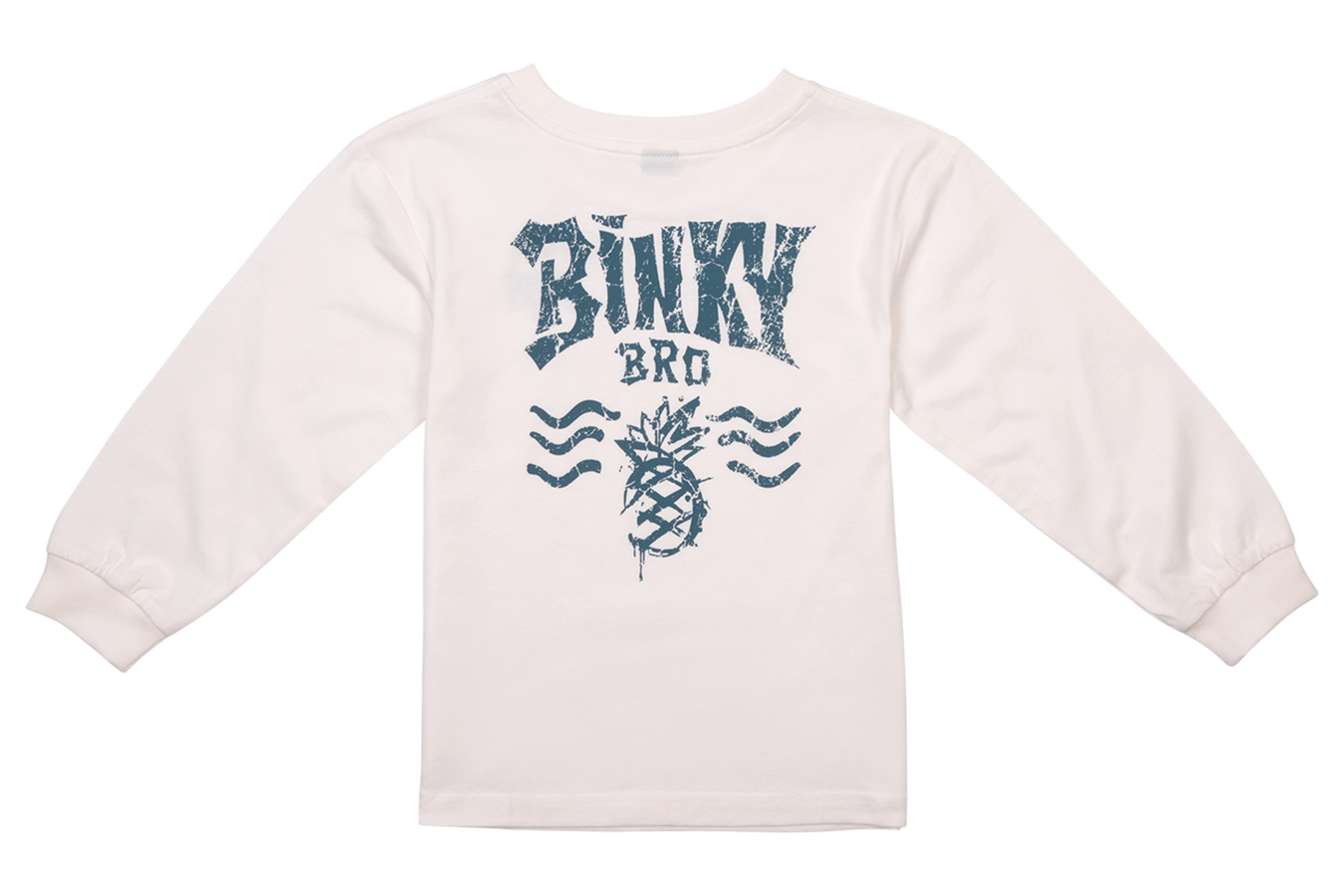 White long-sleeve shirt featuring a blue pineapple graphic and "Binky Bro" text, designed for infants and toddlers.
