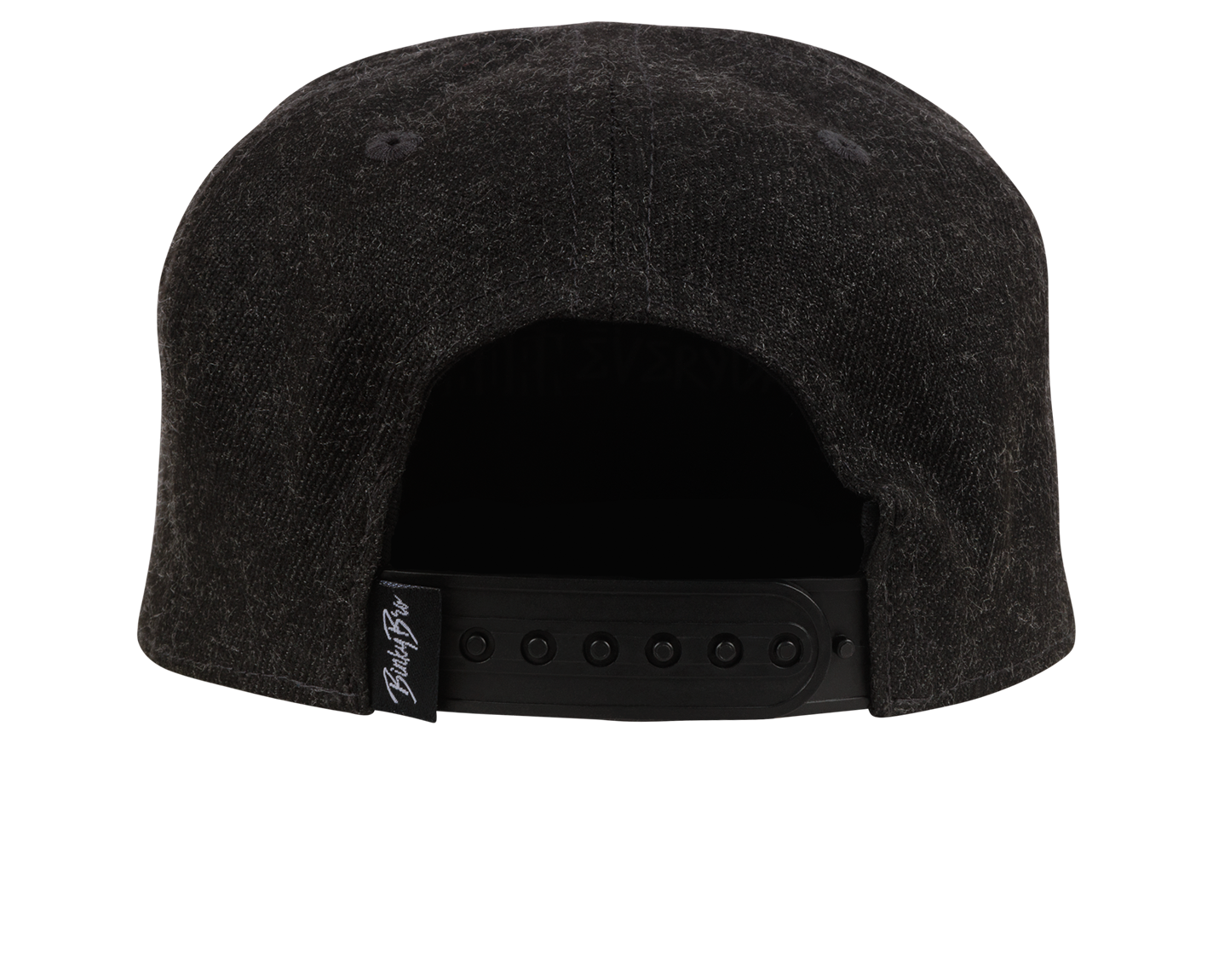 Back view of the Manzanillo snapback hat featuring a textured black fabric and adjustable strap for a comfortable fit.