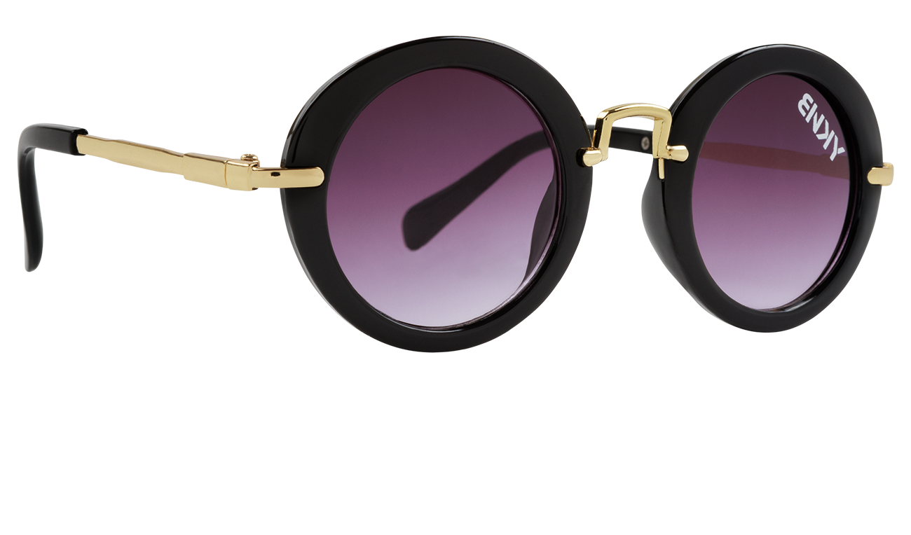 Round black sunglasses with gradient purple lenses and gold accents, stylishly designed for a modern look.